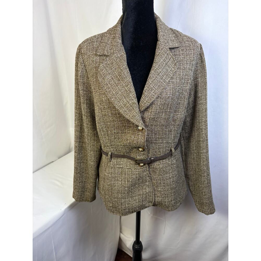 Studio I Womens Size 16 Brown Tweed Belted Blazer Jacket Career